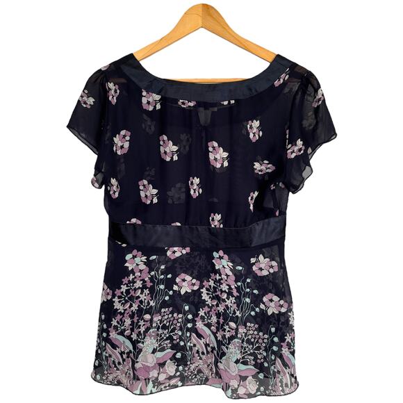 Romy sheer floral chiffon blouse M navy pink border print y2k boho - Picture 2 of 3